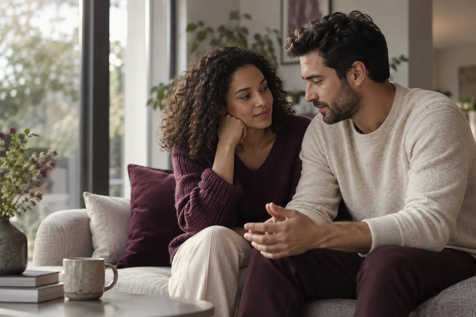 A couple talking supportively at home